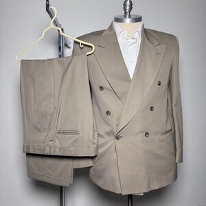 City Streets Mens 42R 36W Tan Double Breasted Suit Wool Polyester Blend